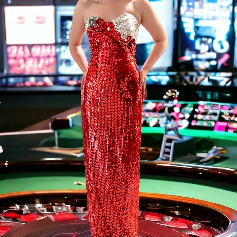 Vintage Las Vegas Alyce Designs Red Sequin Evening Gown Strapless 1980-1990s